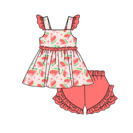 GSSO1592 Baby Girls Watermelon Hearts Tunic Ruffle Shorts Clothes Sets
