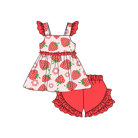GSSO1593 Baby Girls Red Flowers Strawberry Tunic Ruffle Shorts Clothes Sets