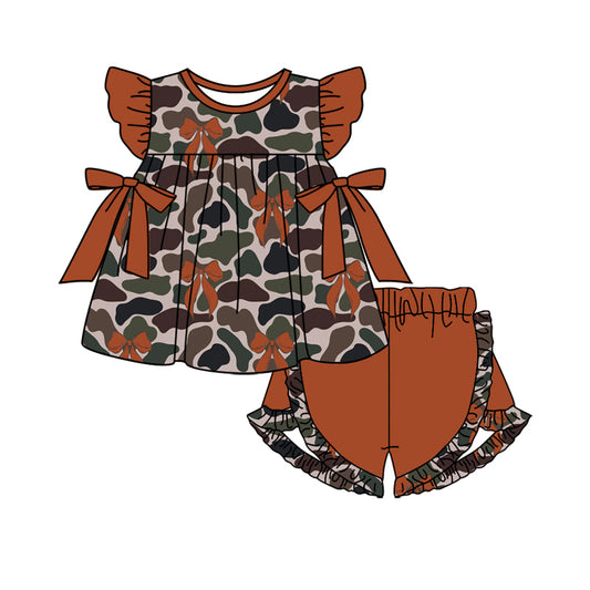 GSSO1594  Baby Girls Camo Brown Bows Tunic Summer Shorts Clothes Sets
