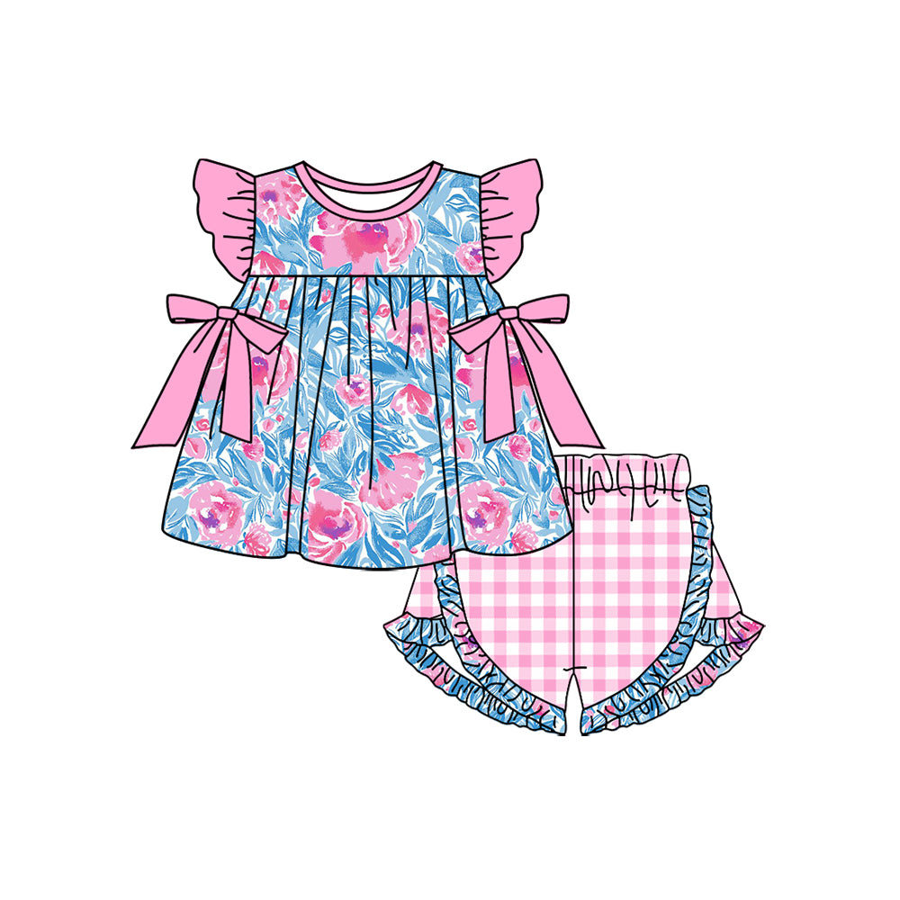GSSO1595 Baby Girls Blue Pink Flowers Bows Tunic Summer Shorts Clothes Sets