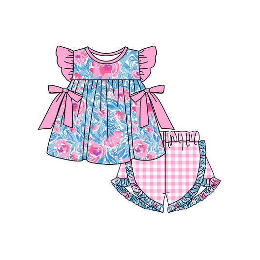 GSSO1595 Baby Girls Blue Pink Flowers Bows Tunic Summer Shorts Clothes Sets
