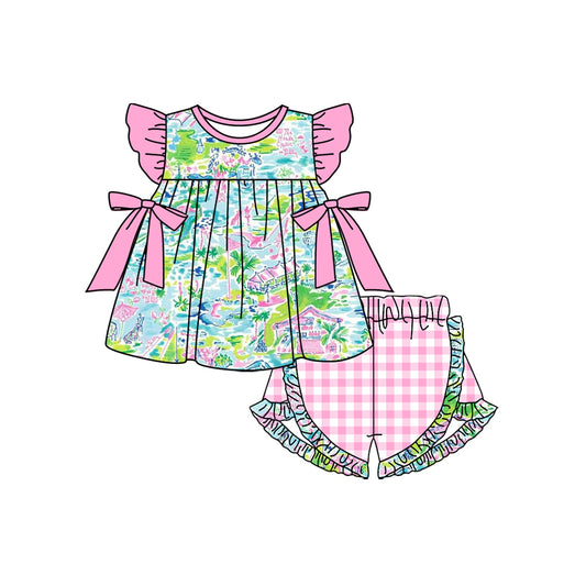 GSSO1596 Baby Girls Pink Blue Flowers Bows Tunic Summer Shorts Clothes Sets