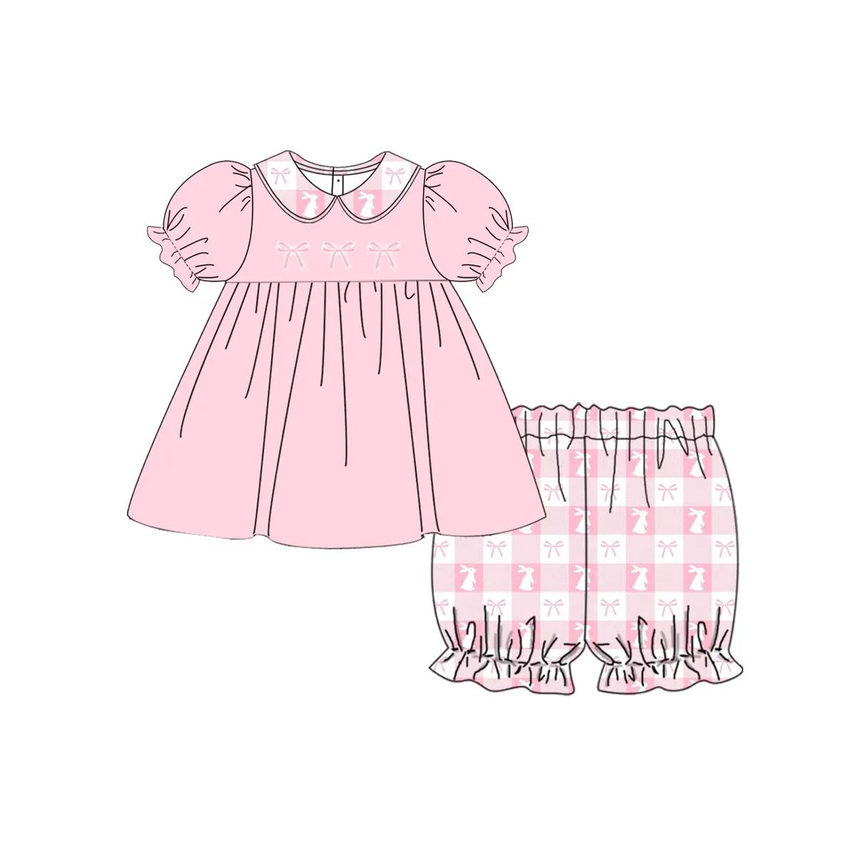 GSSO1597 Baby Girls Pink Easter Rabbits Tunic Checkered Shorts Clothes Sets