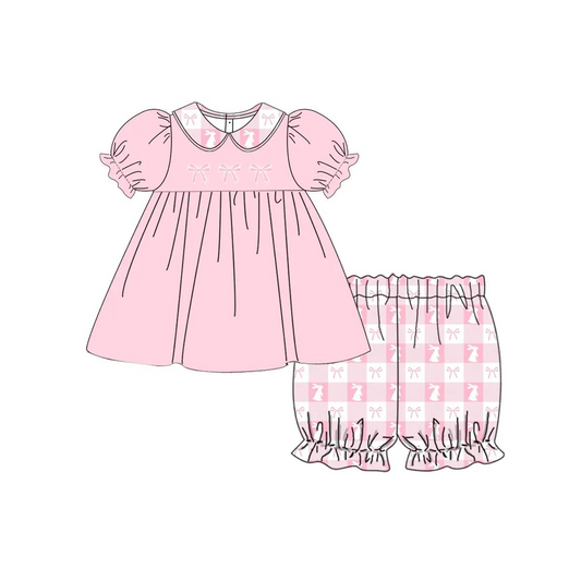 GSSO1597 Baby Girls Pink Easter Rabbits Tunic Checkered Shorts Clothes Sets