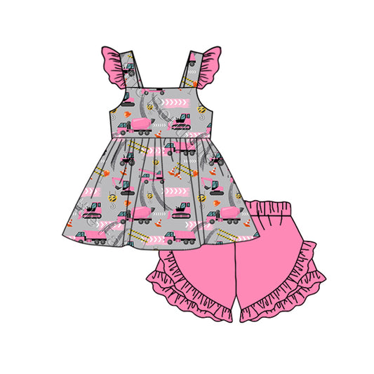 GSSO1598 Baby Girls Pink Construction Tunic Ruffle Shorts Clothes Sets