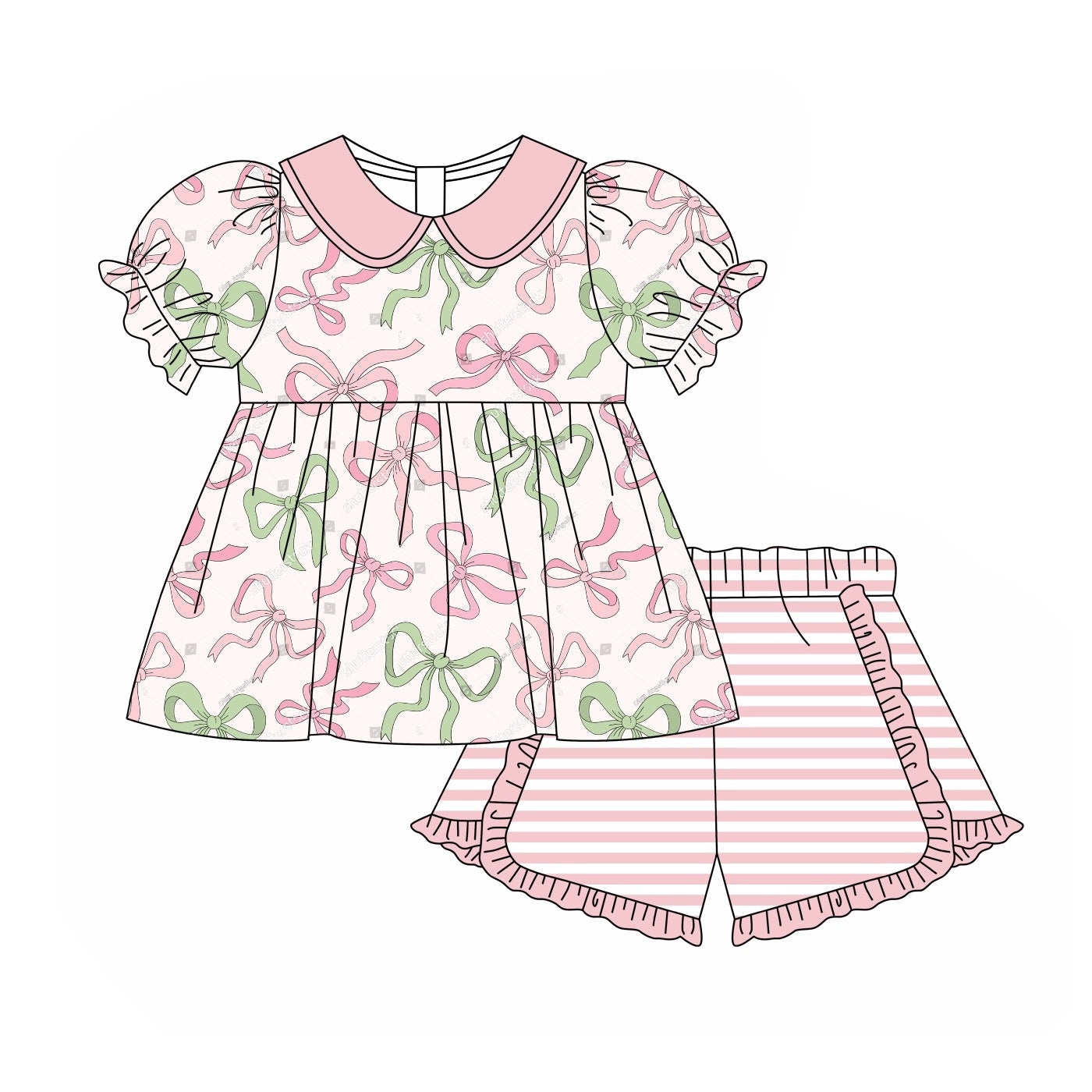 GSSO1599 Baby Girls Pink Green Bows Tunic Ruffle Shorts Clothes Sets