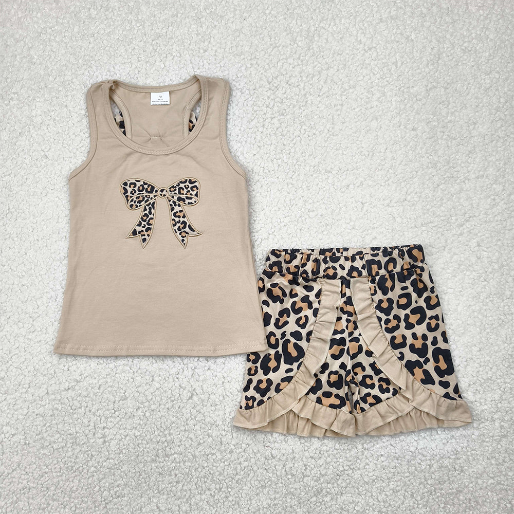 7.14 GSSO1603 RTS NO MOQ Baby Girls Summer Outfits Embroidery Baby Girls Khaki Bow Vest Top Leopard Ruffle Shorts Clothes Sets