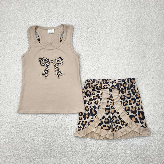 7.14 GSSO1603 RTS NO MOQ Baby Girls Summer Outfits Embroidery Baby Girls Khaki Bow Vest Top Leopard Ruffle Shorts Clothes Sets