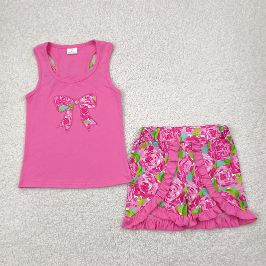 7.15 GSSO1605 RTS NO MOQ Baby Girls Summer Outfits Embroidered flower leaf bow rose red vest shorts set
