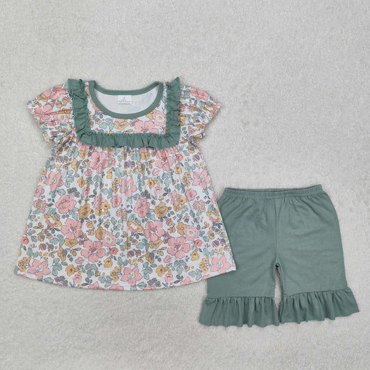GSSO1607Short sleeves floral ruffle tunic shorts girls summer clothes
