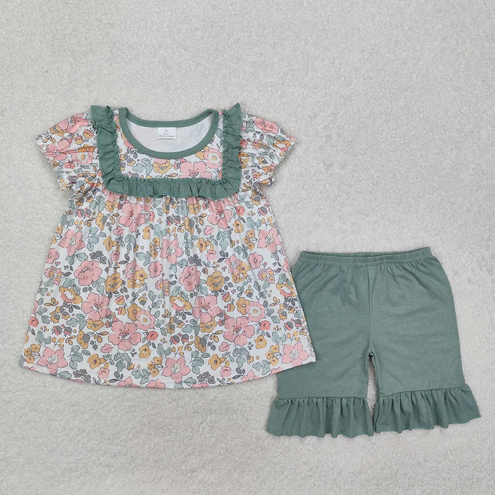 12.27 RTS Sibling Baby Girls Spring Green Pink Flowers Rompers Clothes Suits