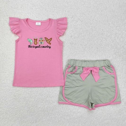 GSSO1614RTS NO MOQ Baby Girls Summer Outfits Baby Girls Embroidery God Country Hunting Shirt Bow Shorts Clothes Sets