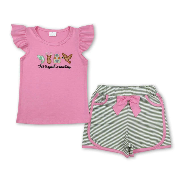 USA Warehouse (IN STOCK) Baby Girls Summer Embroidered and Printed Short-Sleeve Top and Shorts Set