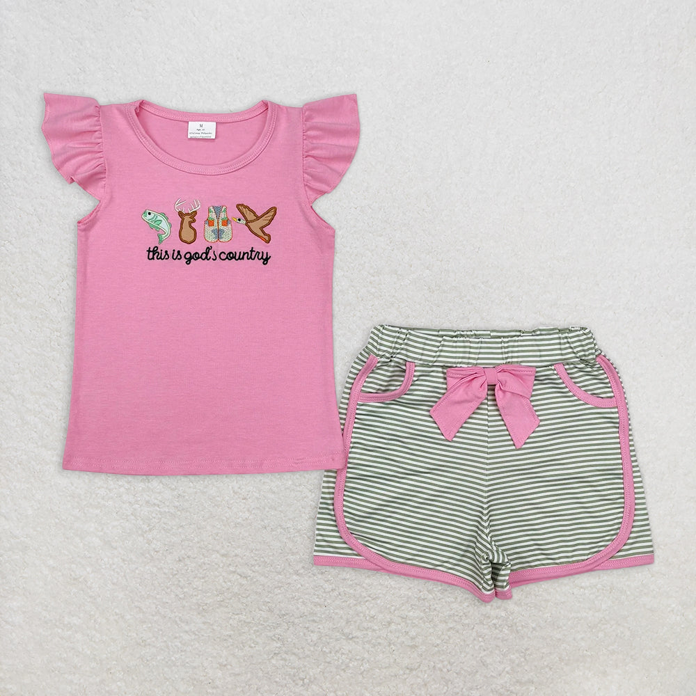 7.15  RTS NO MOQ This is god's country fish deer duck top shorts boys and girls clothes rompers