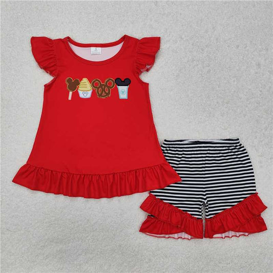 GSSO1616Baby Girls Red Flutter Sleeves Cartoon Mouse Icecream Print Tunic Black Stripe Ruffle Short Set
