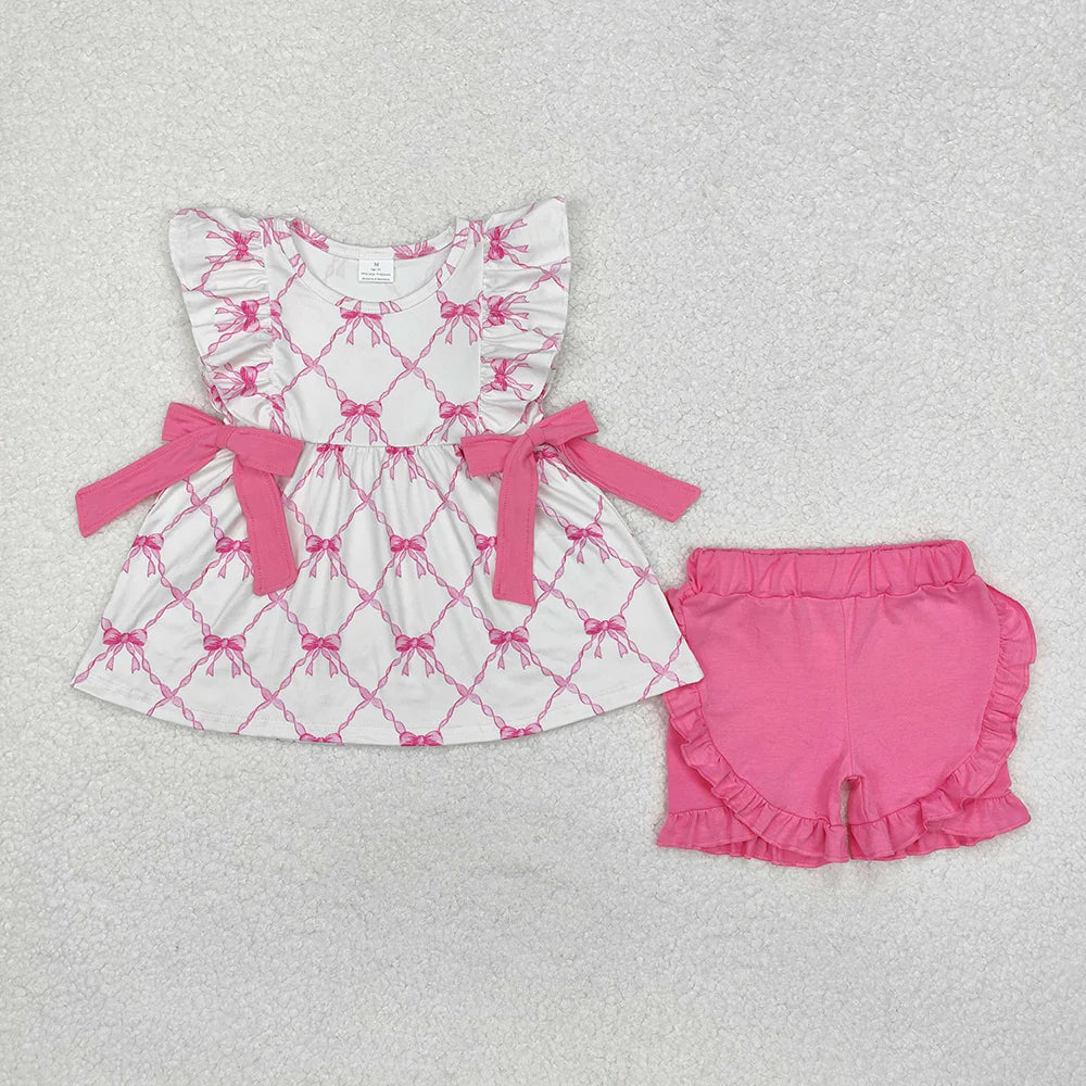 1.14 RTS Sibling Sister Baby Girls Pink Bows Tunic Ruffle Shorts Rompers Clothes Sets