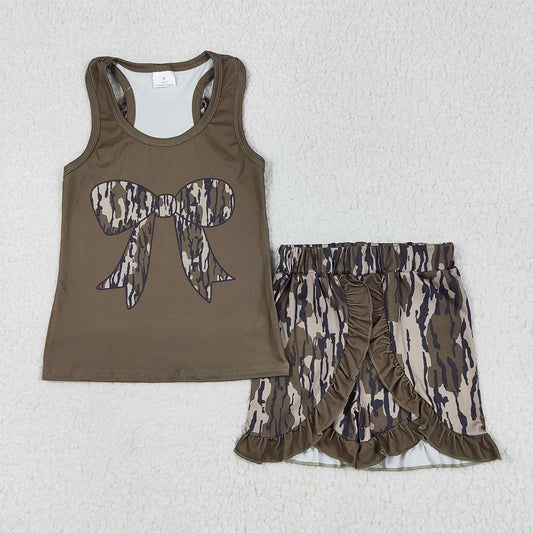 7.05 GSSO1627RTS NO MOQ Baby Girls Summer Outfits Baby Girls Dark Green Bows Vest Ruffle Bottomland Camo Shorts Clothes Sets
