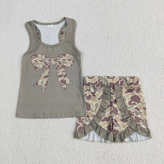 USA Shop (in stock) GSSO1629 RTS NO MOQ Baby Girls Summer Outfits Baby Girls Dark Green Bows Vest Ruffle Shorts Clothes Sets