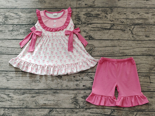 GSSO1639Pink plaid bow ruffle tunic shorts girls summer clothes