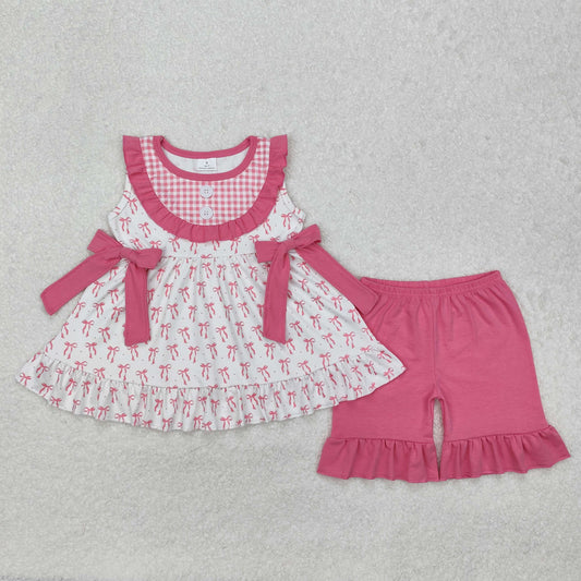 GSSO1639Pink plaid bow ruffle tunic shorts girls summer clothes