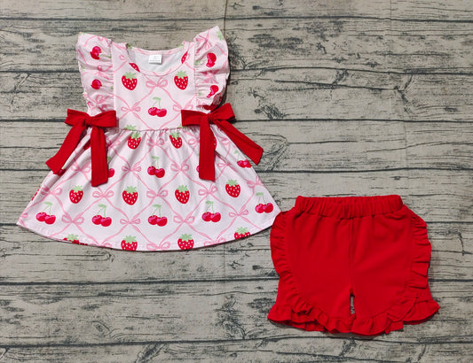 GSSO1640Ruffle bow strawberry tunic shorts girls spring clothes