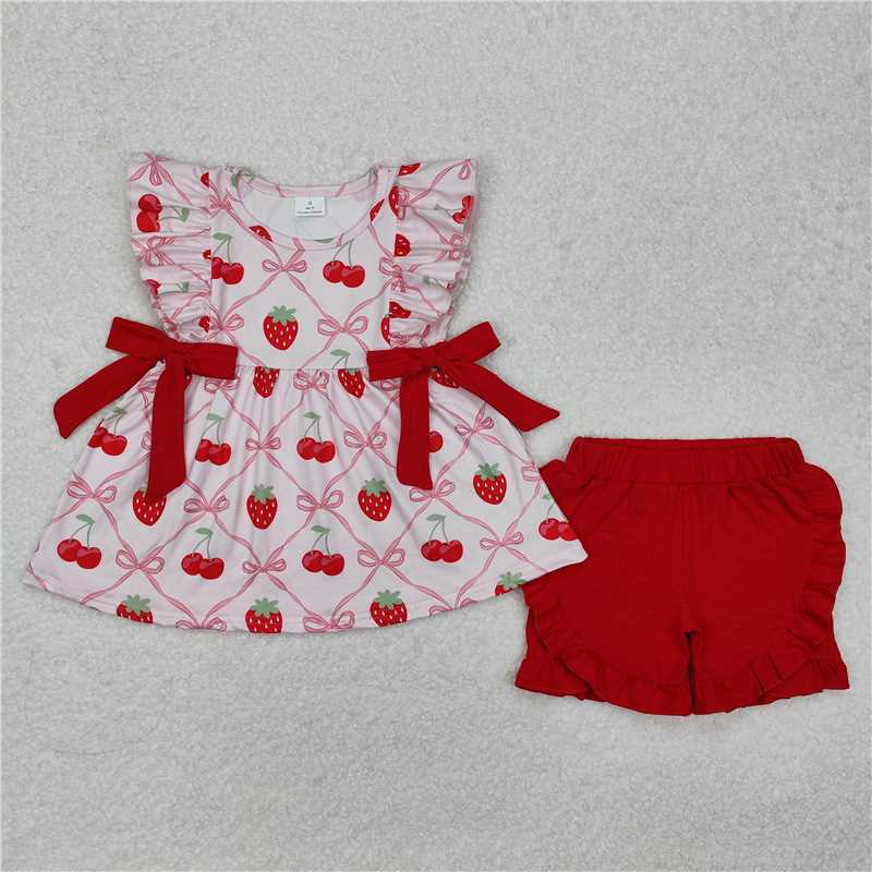 4.26 RTS NO MOQ Girls Ruffle Bow Strawberry Tunic Short Set Spring Clothing Cute Children's Outfit with Flared Skirt And Top