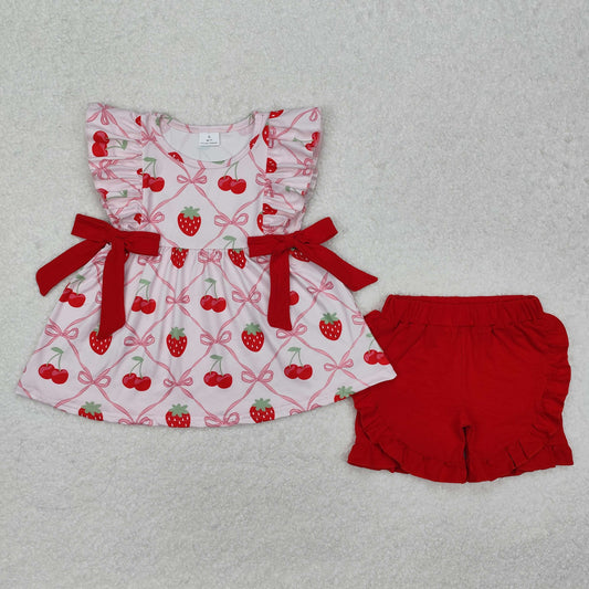 GSSO1640Ruffle bow strawberry tunic shorts girls spring clothes
