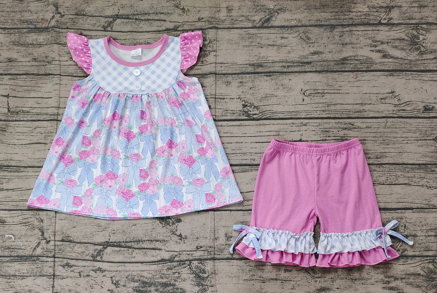 GSSO1642Baby Girls Floral Bow Tunic with Flutter Sleeves Ruffle Shorts Set Cute Infant Outfit for Special Occasions