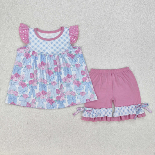GSSO1642Baby Girls Floral Bow Tunic with Flutter Sleeves Ruffle Shorts Set Cute Infant Outfit for Special Occasions