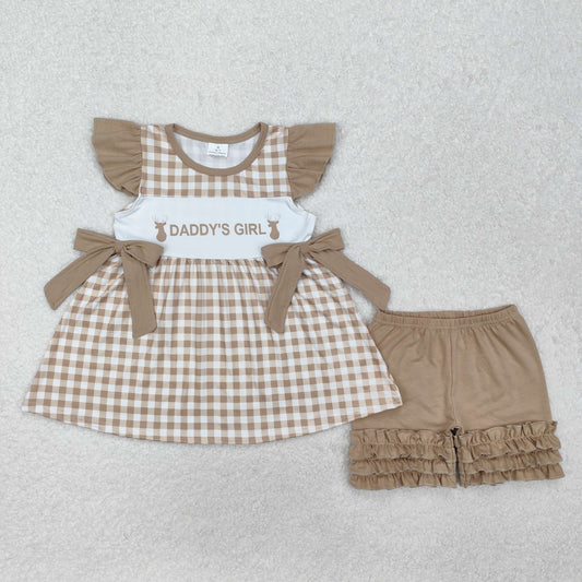 GSSO1644Baby Girls Daddy's Girl Deers Checkered Tunic Ruffle Shorts Clothes Sets