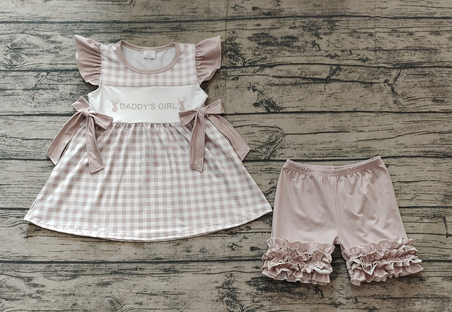 GSSO1644Khaki flutter sleeves daddy's girl deer tunic shorts girls clothes