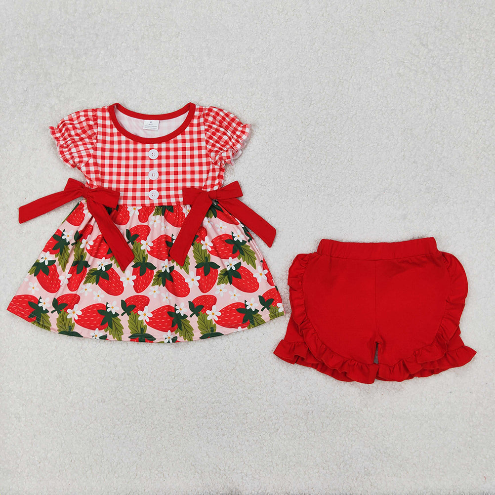 RTS NO MOQ Girls Red Plaid Short Sleeve Tunic Short Set Cute Strawberry Design Children's Clothing Outfit