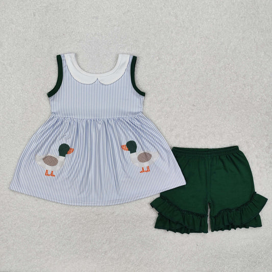 GSSO1658Sleeveless stripe duck tunic ruffle shorts girls clothes