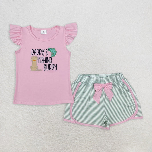 GSSO1673 RTS NO MOQ Baby Girls Summer Outfits PRE-ORDER baby girl clothes embroidery DADDY fishing flying sleeve shorts set