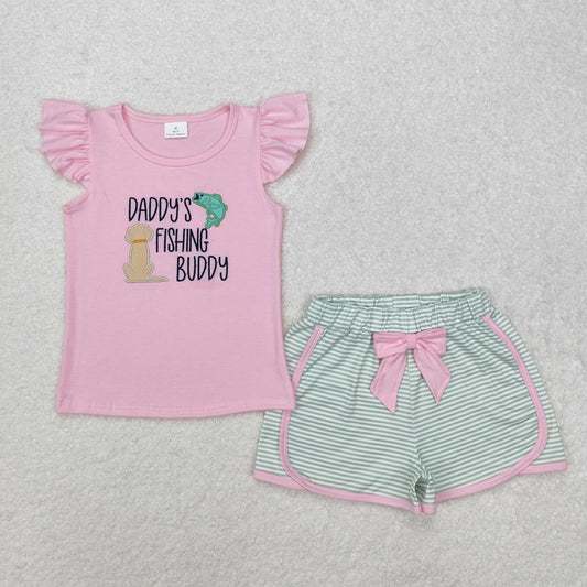 GSSO1673RTS NO MOQ Baby Girls Summer Outfits Pink daddy's fishing buddy top stripe shorts girls clothes