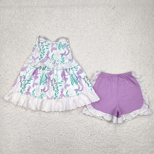 5.20 GSSO1675 RTS NO MOQ Baby Girls Summer Outfits Straps seaweed mermaid tunic ruffle shorts girls summer clothes