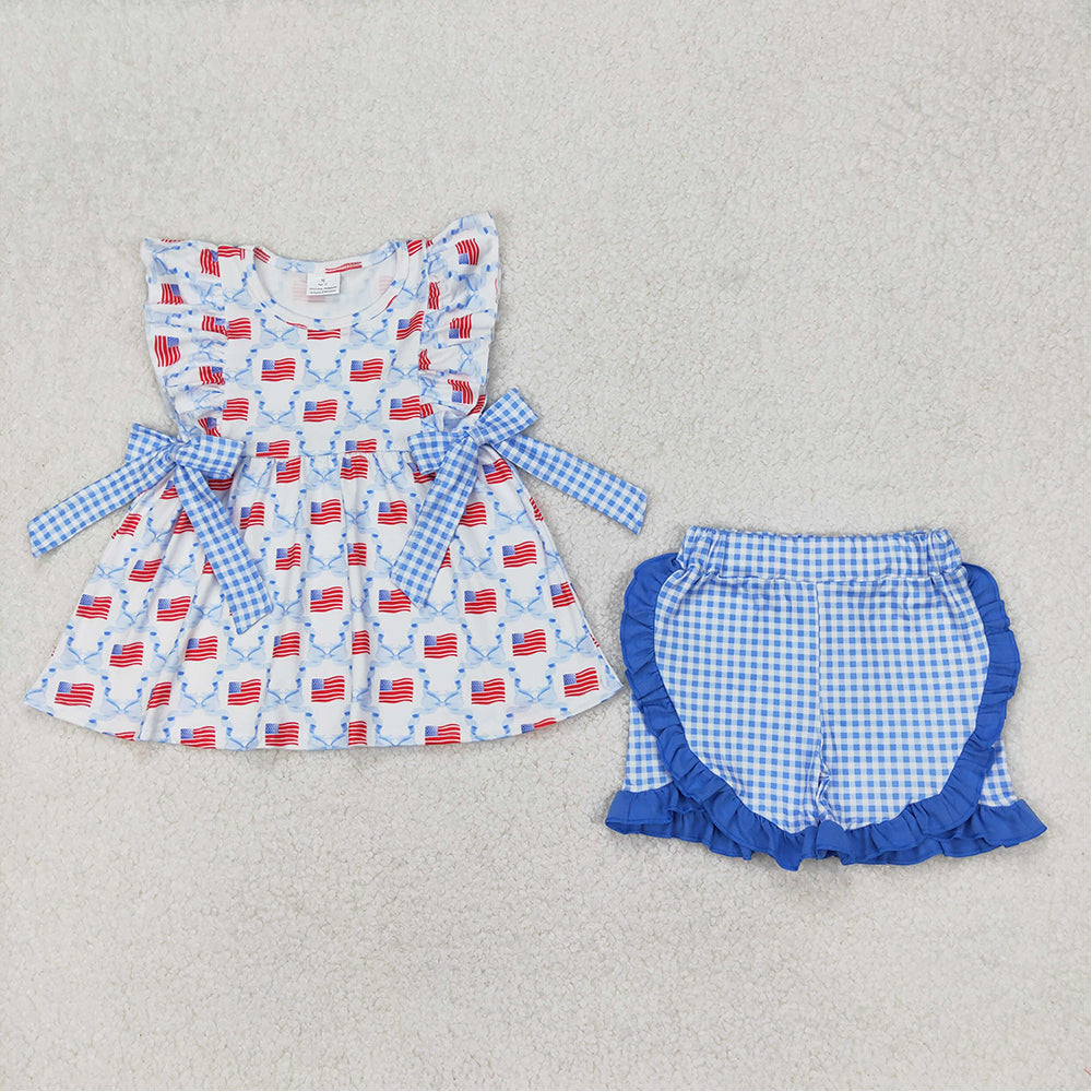 4.25 GSSO1684  RTS NO MOQ Light blue bow flag ruffle tunic shorts girls 4th of july clothes