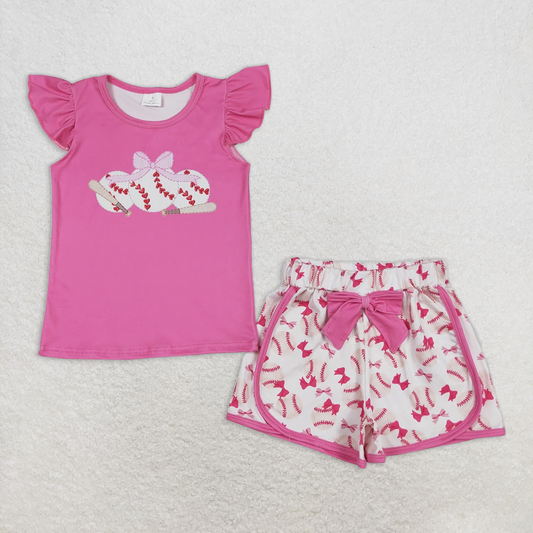 GSSO1685RTS NO MOQ Baby Girls Summer Outfits Pink flutter sleeves baseball bow top shorts girls clothes