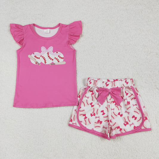 GSSO1685RTS NO MOQ Baby Girls Summer Outfits Girls Pink Flutter Sleeve Baseball Bow Top Shorts Outfit Set Cute Feminine Clothing Set for Kids