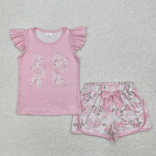 GSSO1702Flutter sleeves floral bow top shorts kids girls clothing