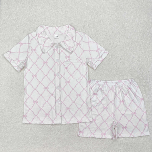 GSSO1708Short sleeves pink bow adult women button down pajamas