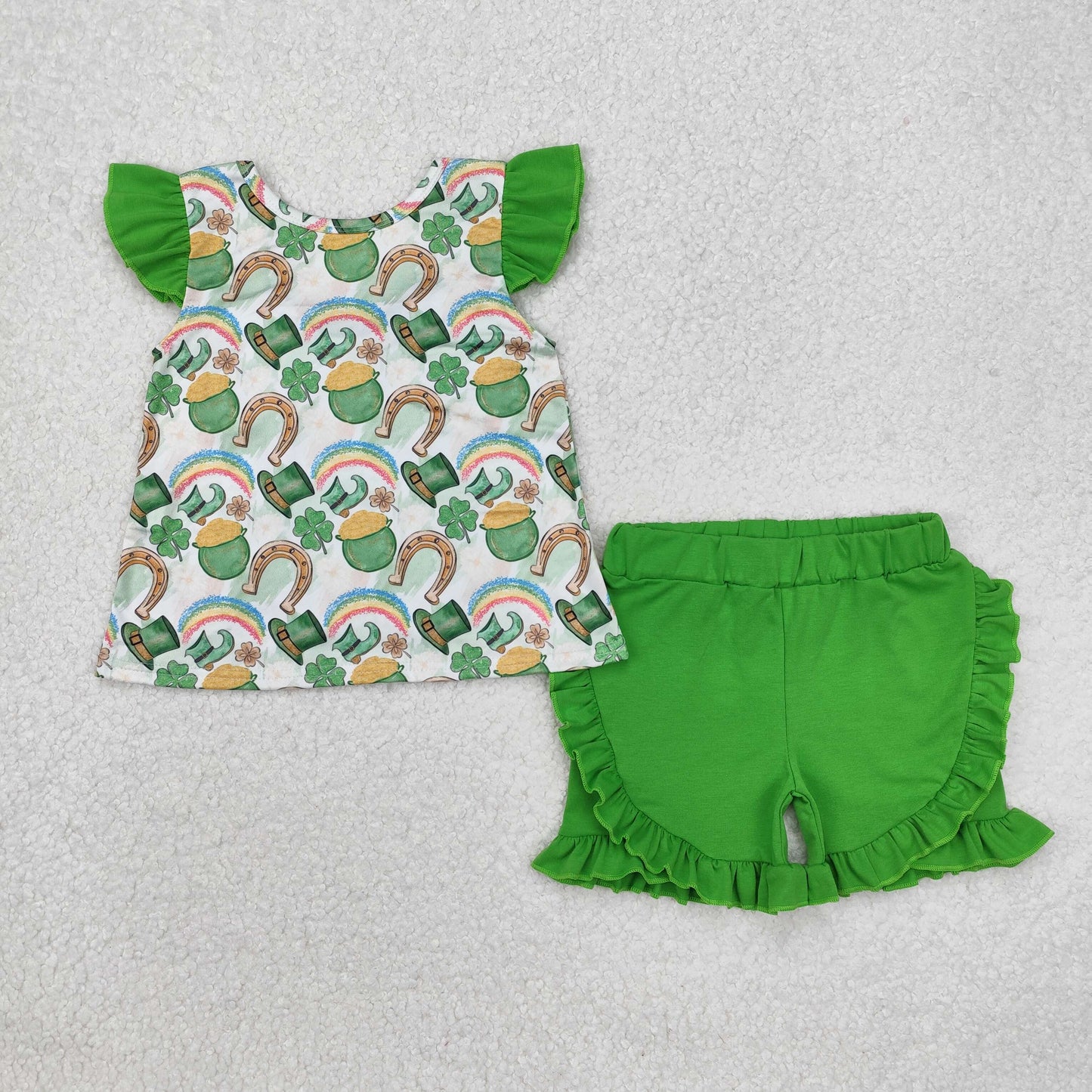 GSSO1713 Green bow flutter sleeves tunic shorts girls St Patrick's clothes