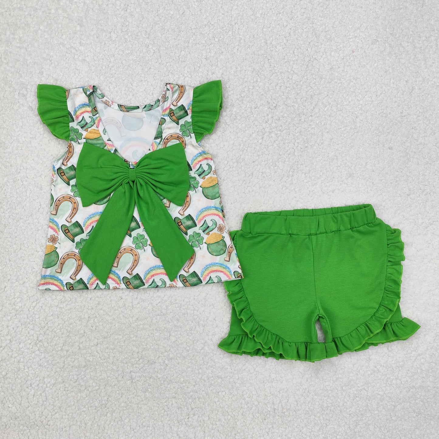 GSSO1713 Green bow flutter sleeves tunic shorts girls St Patrick's clothes