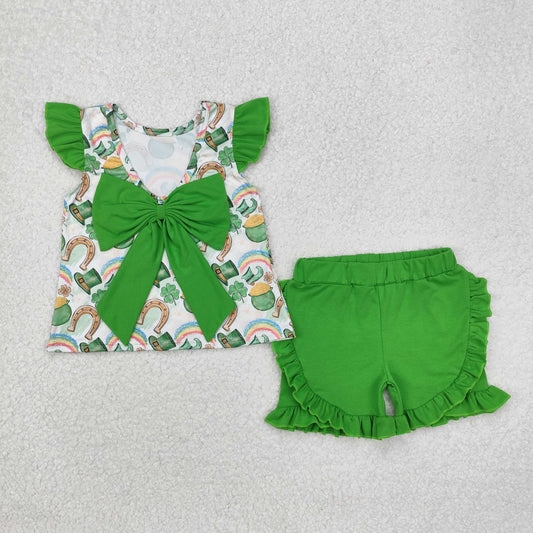 GSSO1713 Green bow flutter sleeves tunic shorts girls St Patrick's clothes