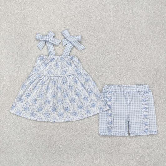 GSSO1716Light blue plaid straps floral tunic shorts girls clothes