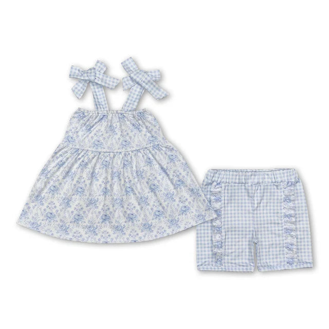 RTS Sibling Light blue plaid straps floral tunic shorts girls clothes and dress