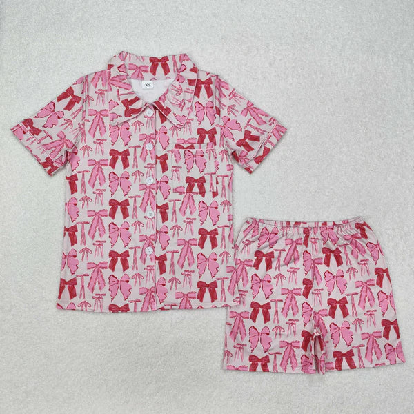 11.10 RTS Silbing Mama and Me Colorful Bows Pocket Button Top Shorts Pajamas Sets