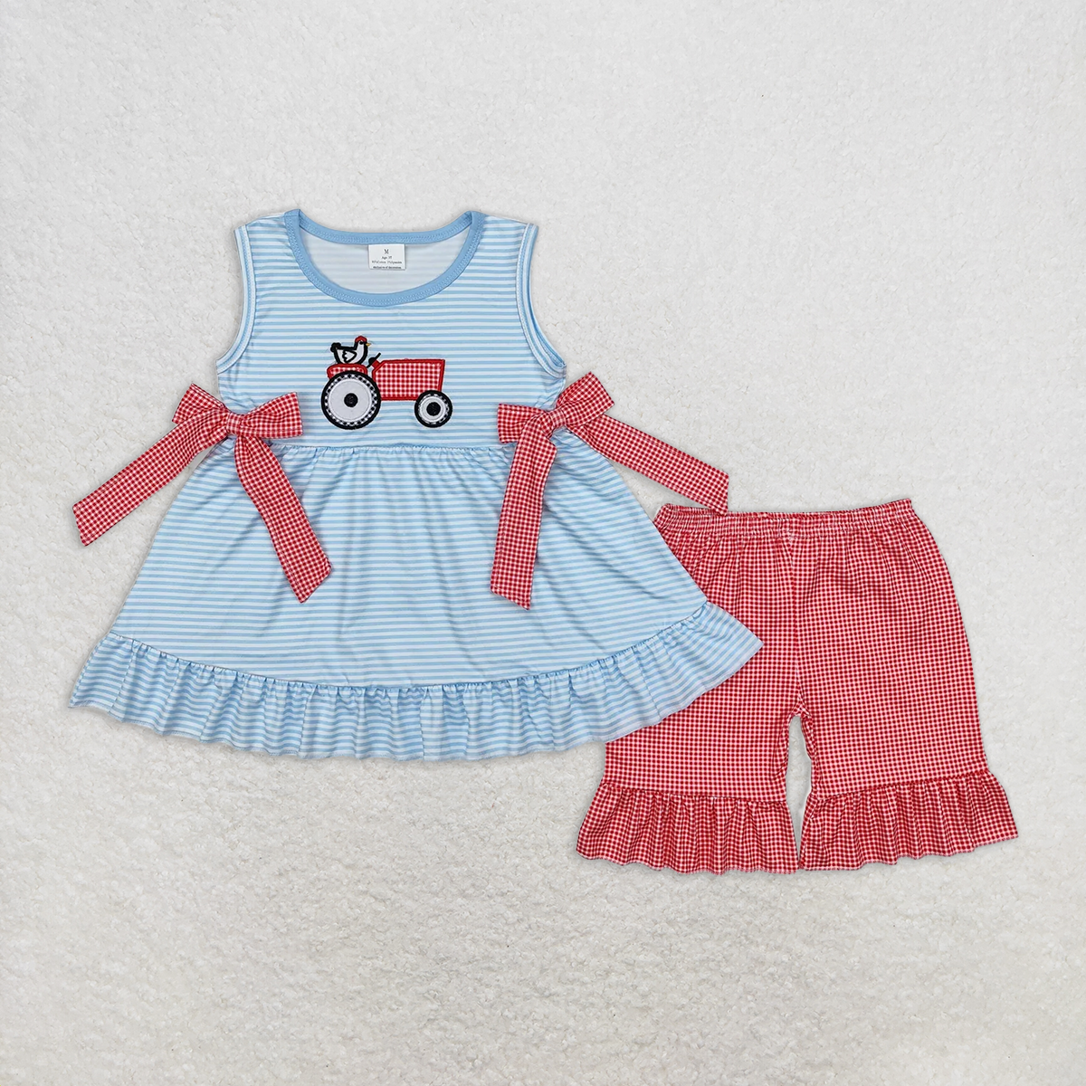 7.18   RTS NO MOQ Summer Outfit for Girls Boys Sleeveless chicken tractor tunic plaid shorts girls clothes rompers