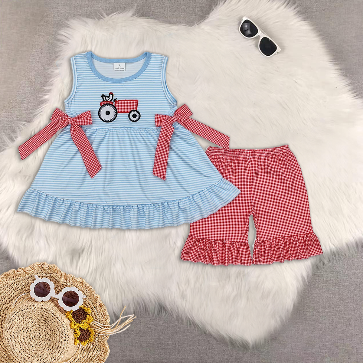 8.12   RTS Sibling Short sleeves stripe chicken tractor boys farm clothes rompers