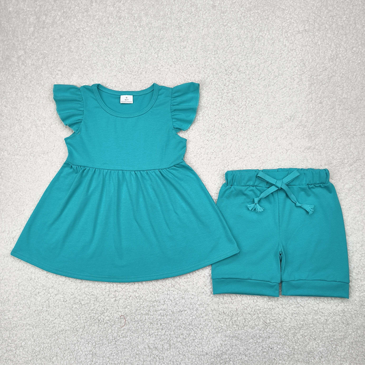 GSSO1731 RTS NO MOQ Baby Girls Summer Outfits  Teal flutter sleeves cotton tunic shorts kids girls clothes
